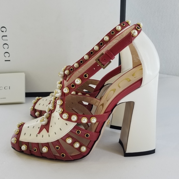 Gucci Tracy Red White Embellished Heels Sz 36 - Picture 5 of 16
